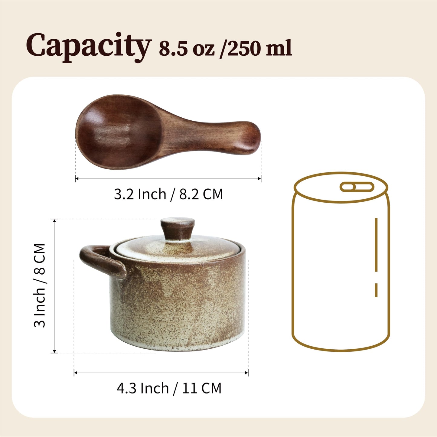 seicasaya Handcrafted Speckled Ceramic Salt Cellar with Wooden Spoon, Rustic Vintage Spice Jar, Dishwasher Safe, 8.45 fl oz (Peckled Ceramic)