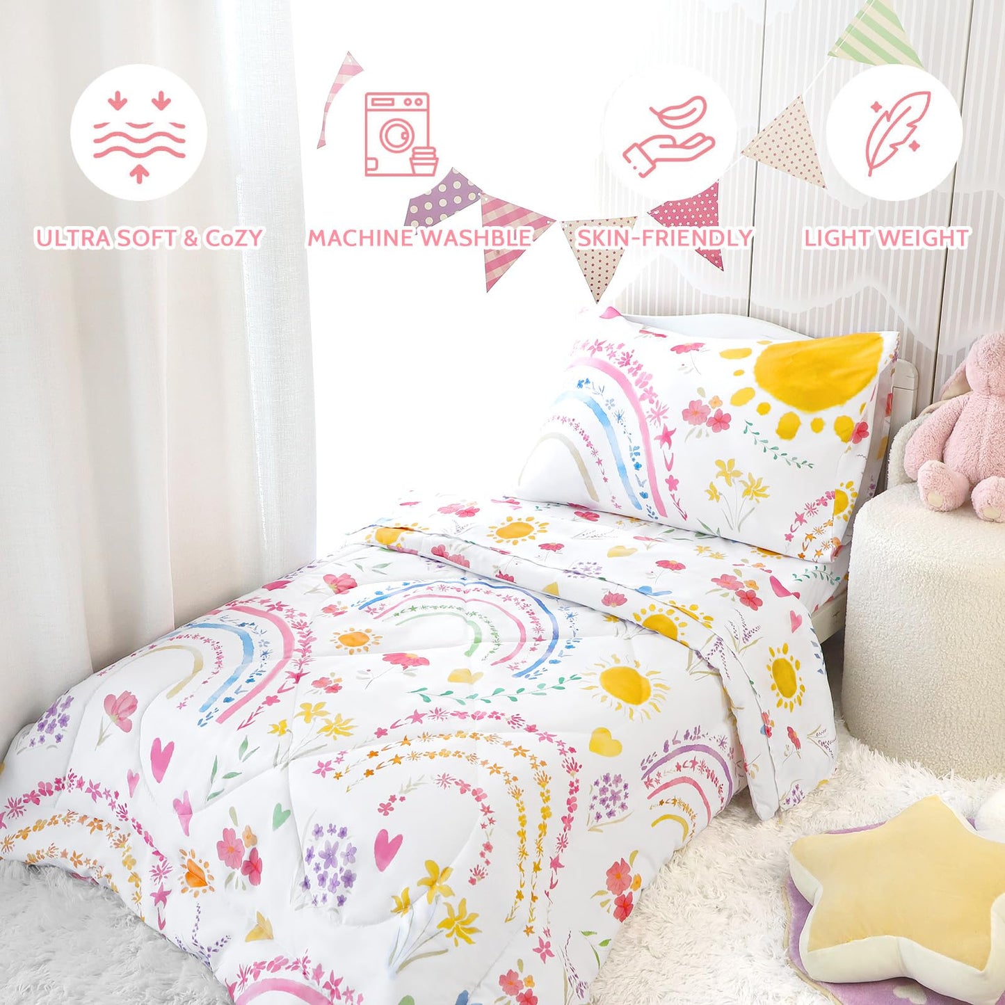 Pea Pod Toddler Bedding Set for Girls, 4 Piece Soft & Breathable Rainbow & Sun Crib Bedding Set, Bed-in-A-Bag Toddler Microfiber Sheet Set, Includes Comforter, Flat Sheet, Fitted Sheet, Pillowcase