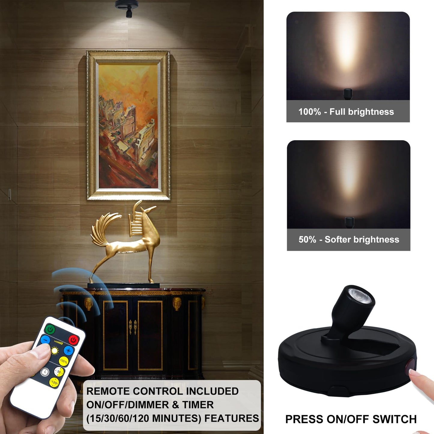 HAMVIDNE LED Spotlight, Battery Powered Picture Lights, Uplighting Indoor, Puck Lights with Remote, Plant Spot Light for Wall Art Display Dartboard Painting Artwork Accent Closet-4Pack