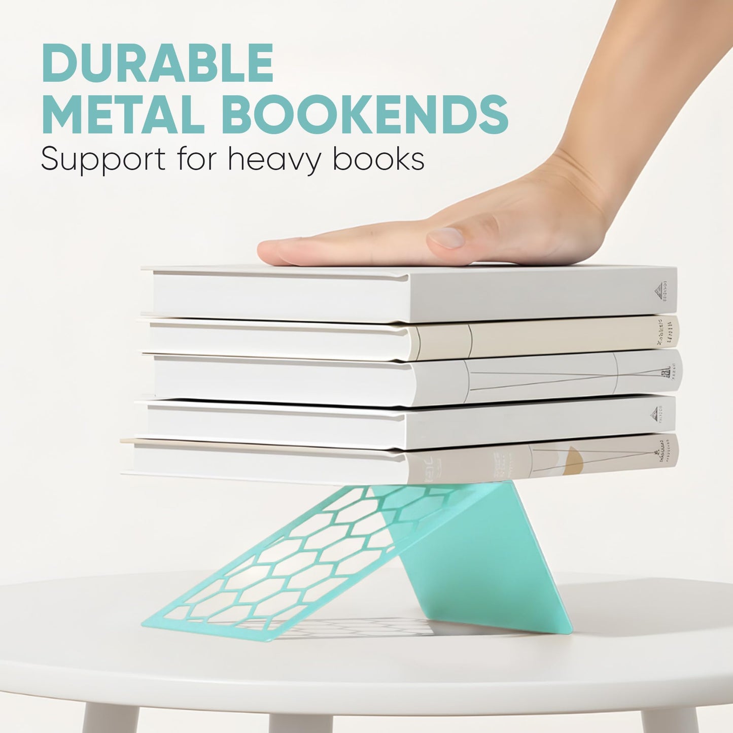 Turquoise Geometric Honeycomb Metal Bookends - Book Ends for Shelves - Decorative Modern Heavy Duty Bookend Stopper - Book Ends for Heavy Books - Home Office Book Holder - 1 Pair, 6x3.25x6.25 in