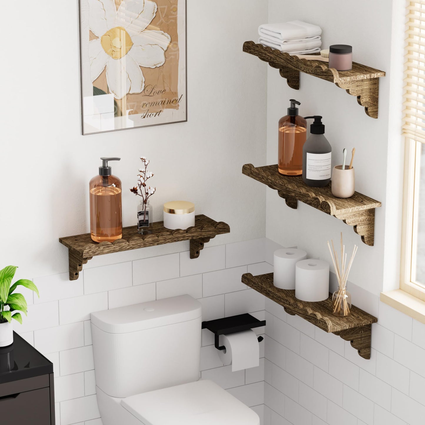 QsQueen Scalloped Wood Wall Shelf – 17 Inch Floating Shelf with Wood Brackets, Easy to Install Rustic Wall Shelf for Living Room, Bedroom, Bathroom, or Any Space