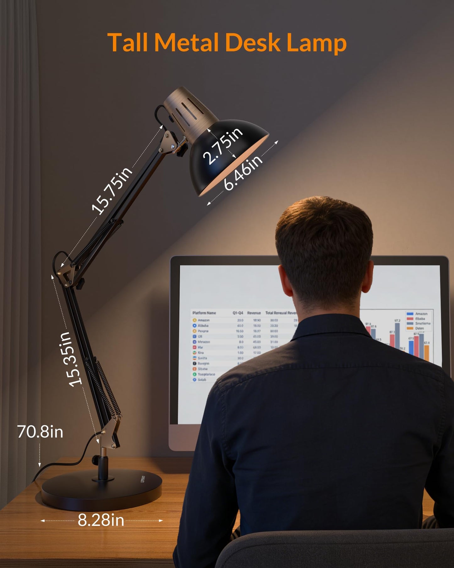 LEPOWER Metal Desk Lamp, Adjustable Goose Neck Architect Table Lamp with On/Off Switch, Swing Arm Desk Lamp with Clamp, Eye-Caring Reading Lamp for Bedroom, Study Room &Office (Sandy Black)