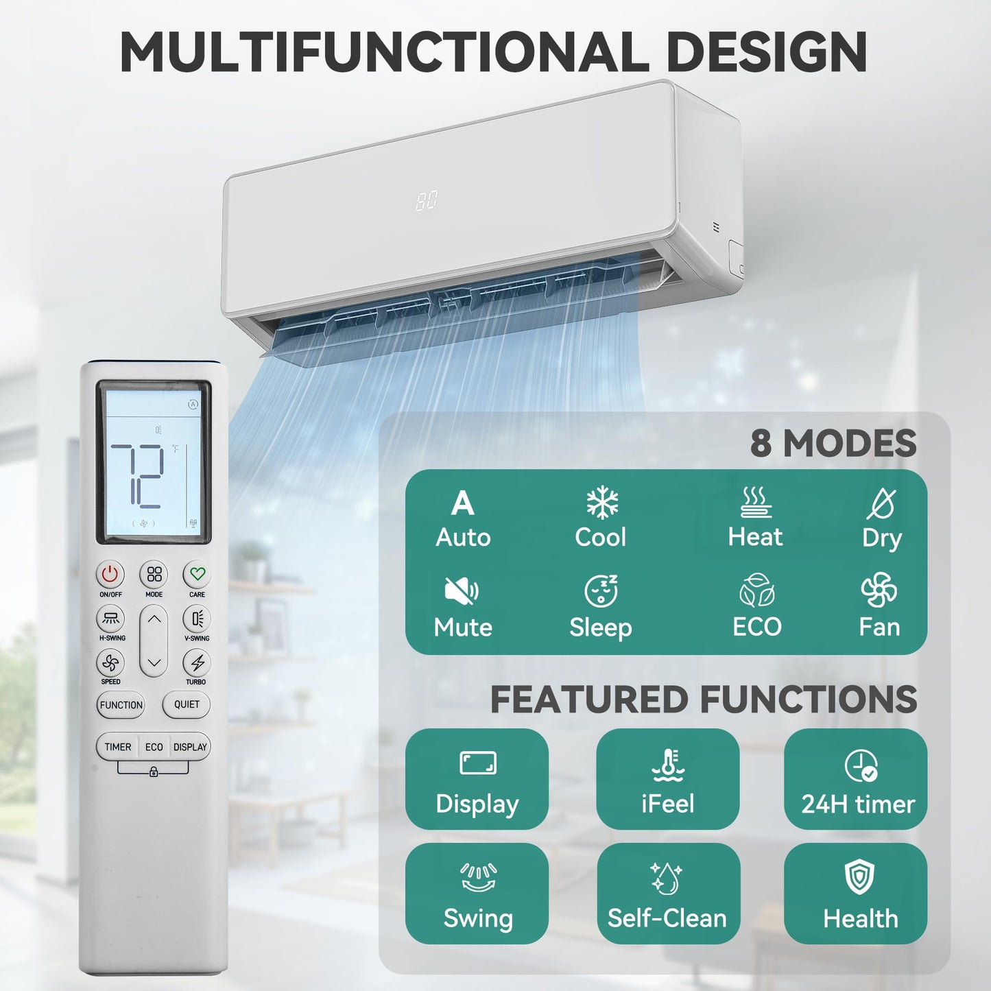 YITAHOME 20 SEER2 18000BTU Mini Split AC/Heating System 208-230V, Pre-charged Inverter AC Cool & Heat Up to 1250 Sq. Ft, Pure Design, Compatible with 3 Level Eco Mode, Complete Installation Kit, White