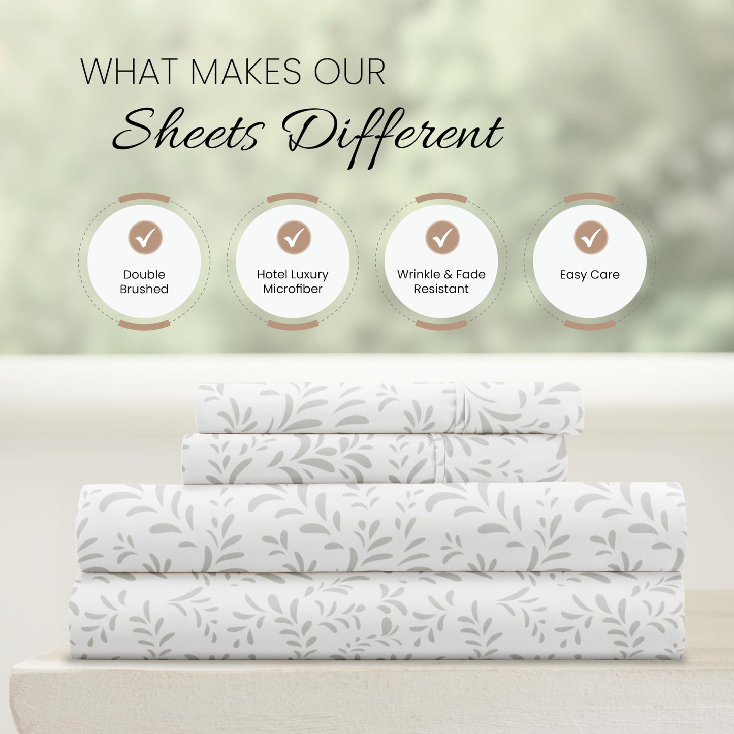 Linen Market Double-Brushed Patterned Microfiber Full Sheet Set 4 Piece – Oeko-TEX Certified Ultra Soft & Wrinkle-Free - 16" Deep Pocket Sheets - Easy Care Full Size - Burst of Vines Light Gray