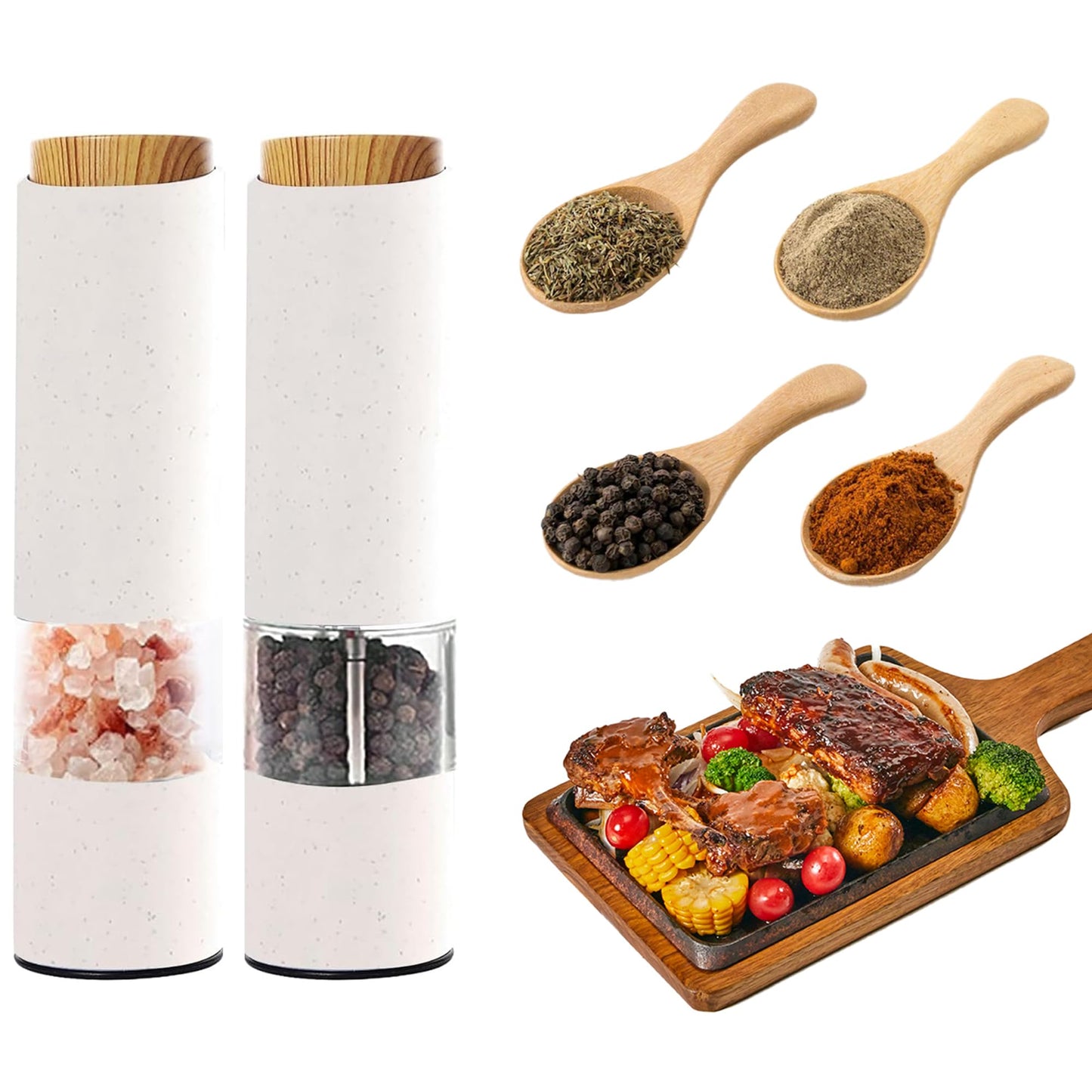 MEHIDFY Electric Salt and Pepper Grinder Set, 2 Pack Salt and Pepper Grinder Battery Operated, One-Handed Automatic Salt and Pepper Mill Grinder with LED Light, Adjustable Coarseness (White)