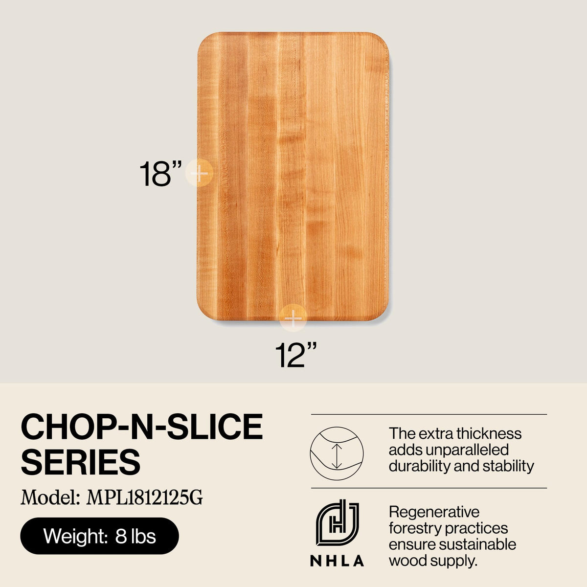 John Boos Chop-N-Slice Series Rectangular Wooden Maple Cutting Board 18”x12” – 1.25” Thick, 8-lb Reversible Butcher Block with Eased Corners, Edge-Grain & Finger Grips – Made in the USA
