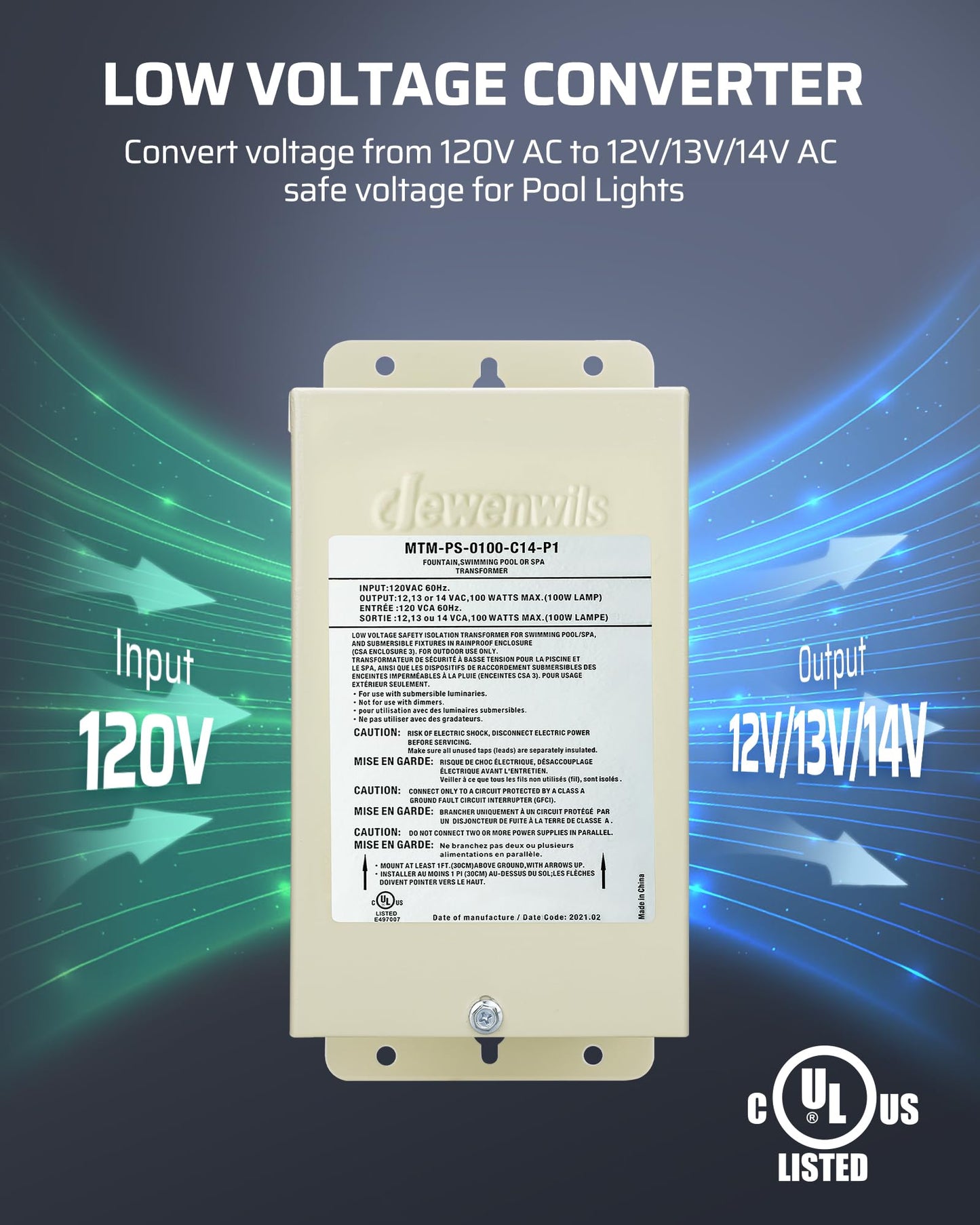 DEWENWILS 100W Low Voltage Pool Light Transformer, 120V AC to 12V/13V/14V AC, Multi-tap Safety Transformer