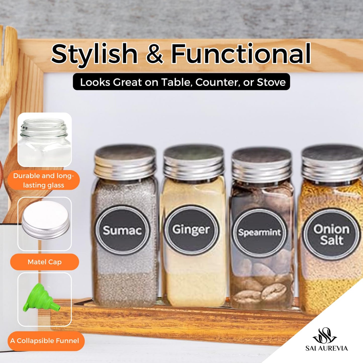 SAI AUREVIA - 28-Jar Spice Rack Organizer with 4-Tier Metal Stand | Complete Set with Glass Jars, Labels & Funnel | Space-Saving Kitchen Spice Storage (Wall or Countertop Mount)