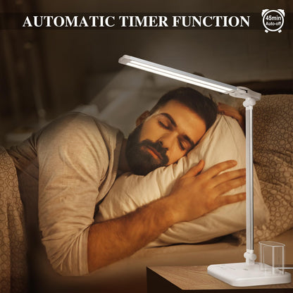 iVict Dual Swing Arm LED Desk Lamps, 5 Light Modes x 10 Brightness Levels Desk Light with USB Charging Port, 45 Minutes Auto Timer Table Lamp, Desk Lamp for Home Office, Bedroom, Reading