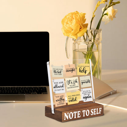 Inspirational Desk Decor with Positive Self Reminder Notes, Acrylic Encouragement Sign with Rustic Wood Base, Motivational Office Desk Gift for Coworker Friend SNOTE11