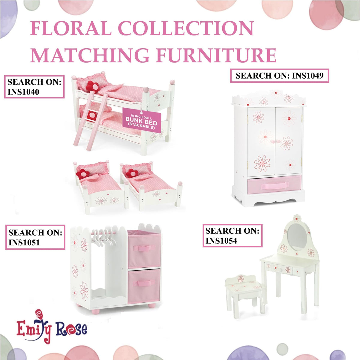 Emily Rose 18 Inch Doll Dining Table and 2 Chairs Set - Floral Collection