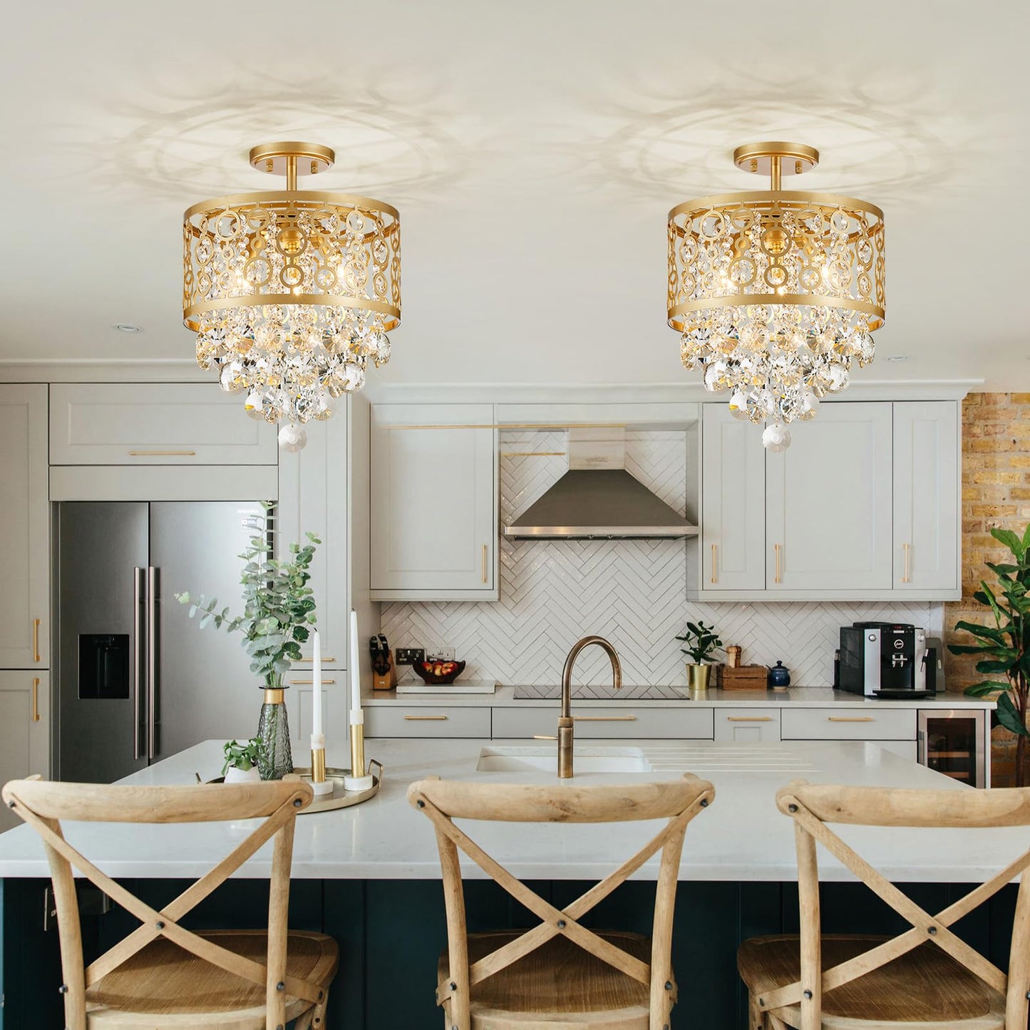 WUZUPS Crystal Drum Chandelier Flushmount Ceiling Light Modern Lighting Fixture for Entry Hallway Kitchen Bathroom Bedroom, H 16.3'' x W 13'', E12 Base, Gold