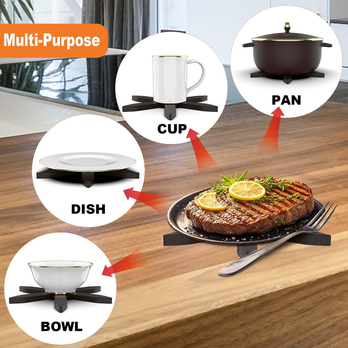 Wooden Trivets for Hot Dishes,Tree Shape Trivet Set, 4 Wooden Trivets+1 Stand, Natural FoldableKitchen Wooden Trivet for Hot Dishes、Pot、Bowl、Teapot、Hot Pot Holders (Black)
