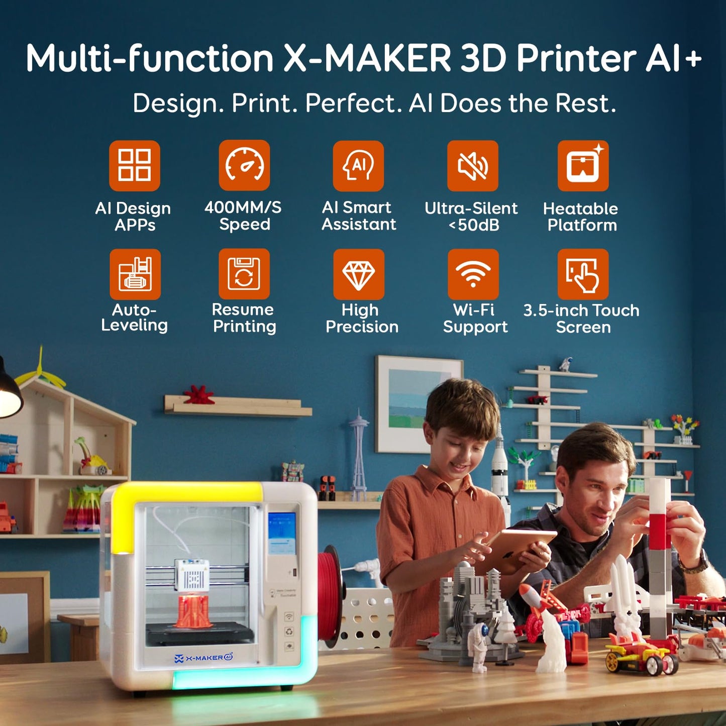 AOSEED 3D Printer for Kids & Beginners, AI-Powered Toy Maker with Leveling-Free Design, 400mm/s Speed, 17+ Design Modules, 1 PLA Filaments, Enclosed Mini 3D Printer for Home & School, X-Maker AI+