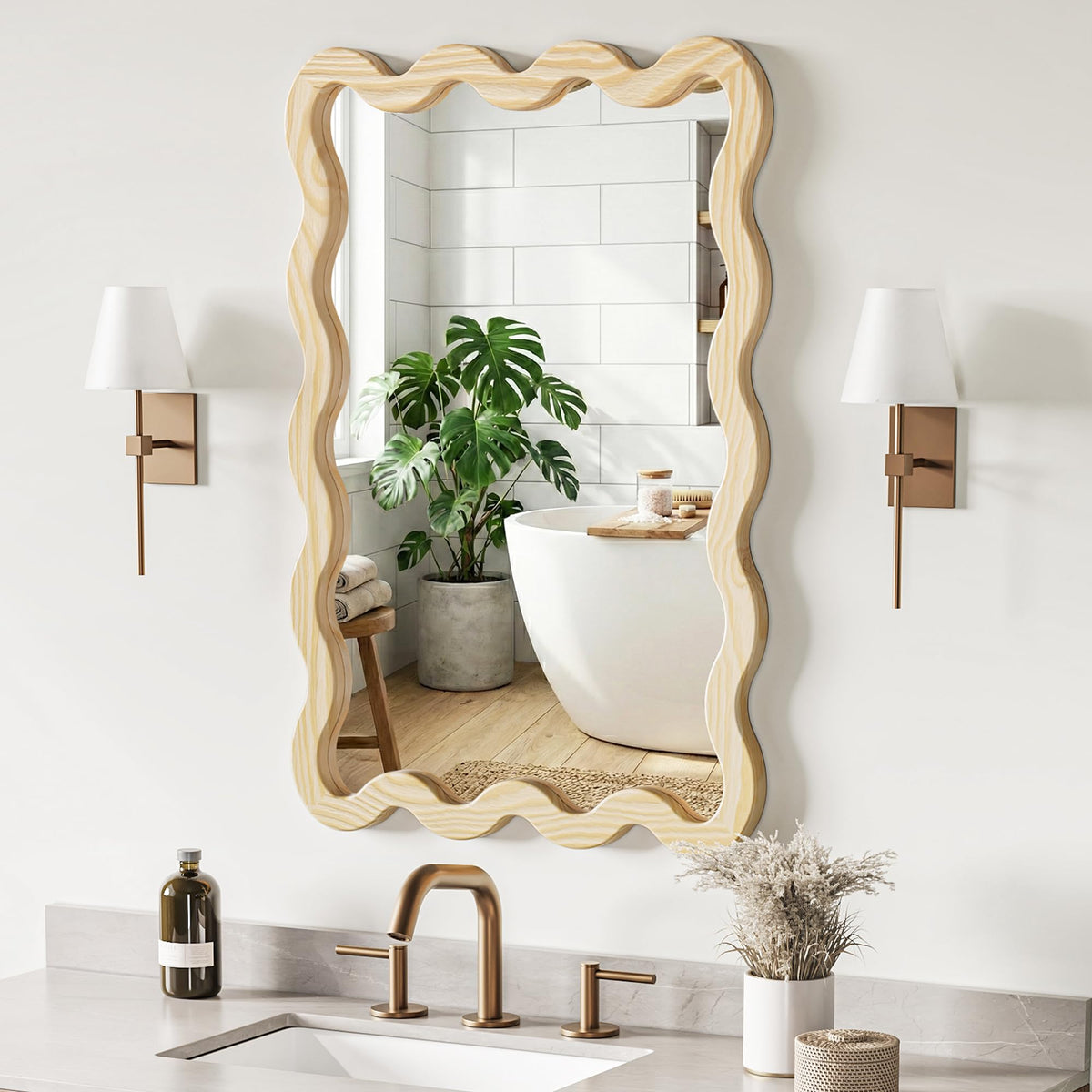 Pocetry 22"x30" Wood Wavy Wall Mirror for Powder Room, Solid Wood Squiggle Mirror for Vanity, Small Asymmetrical Irregular Mirror, Natural Wooden Boho Aesthetic Decor