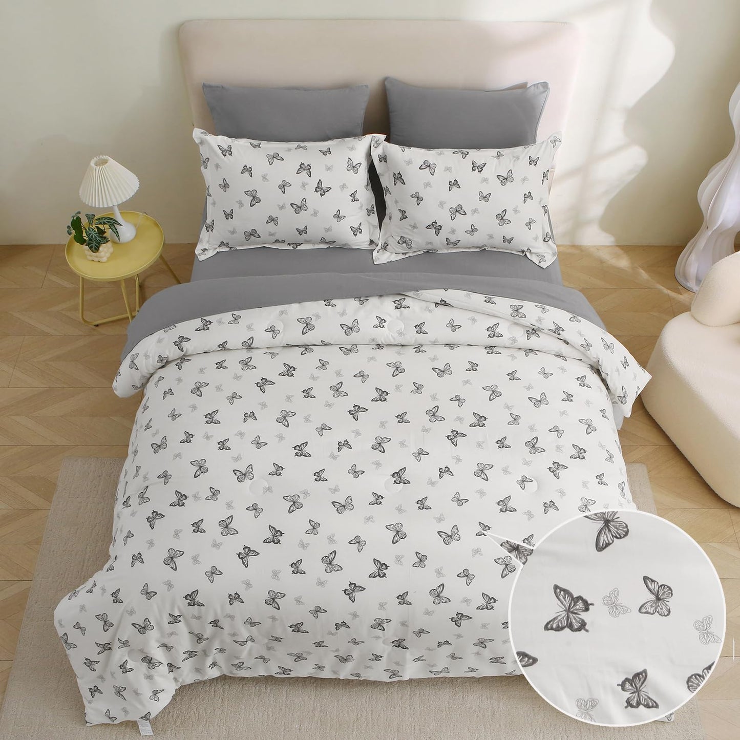 Jameswish 7 Pieces Black Butterfly Comforter Set for Girls Kids Soft Fluffy Bedding Set Twin Size Bed in A Bag as Gifts (1 Comforter, 1 Flat Sheet, 1 Fitted Sheet, 2 Pillowcase and 2 Pillow Sham)