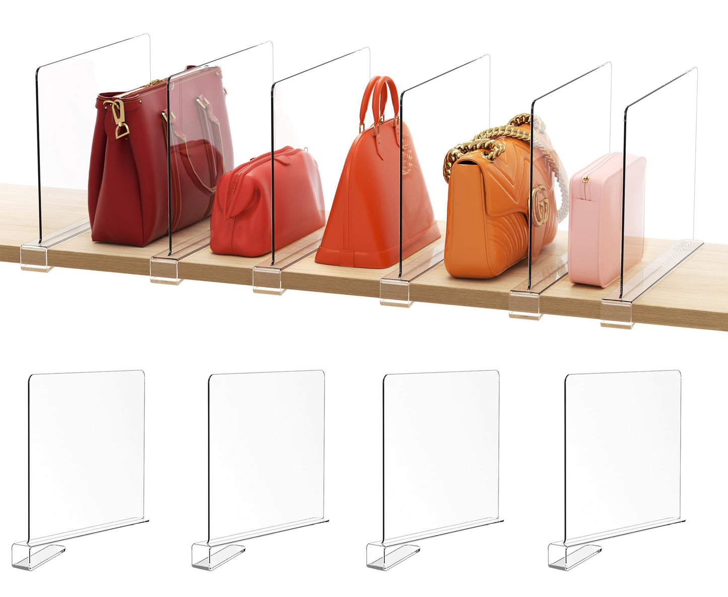 HBlife 12 Inches Tall [Extra Tall Version] Clear Shelf Dividers, 4 Pack Purse Organizer for Closet Perfect for Sweater, Shirts, Handbags, Acrylic Adjustable Bookshelf for Organization