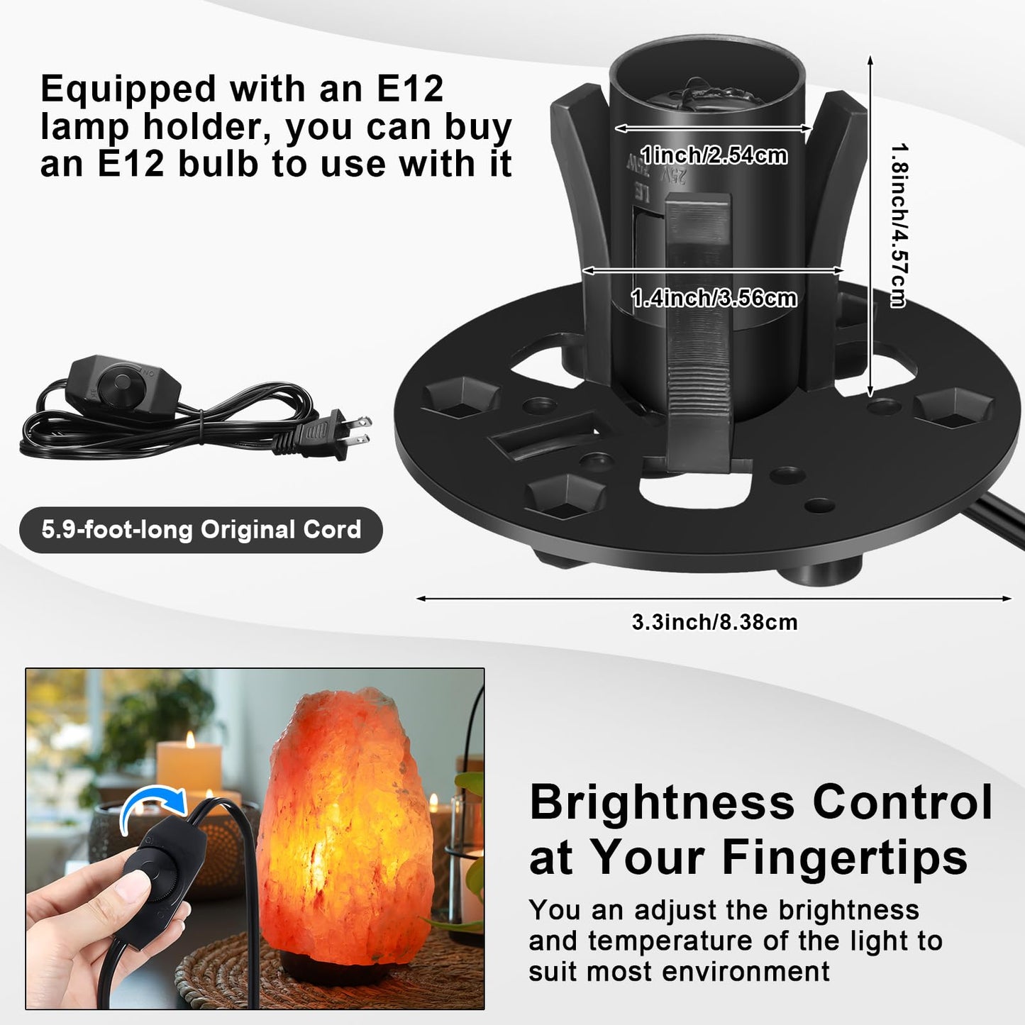 Glooglitter 3 Pack Salt Lamp Cord Replacement 5.9 Feet Original Lamp Dimmer Switch with Cord and Base Assembly for E12 Salt Lamp, Black UL Certification Cord