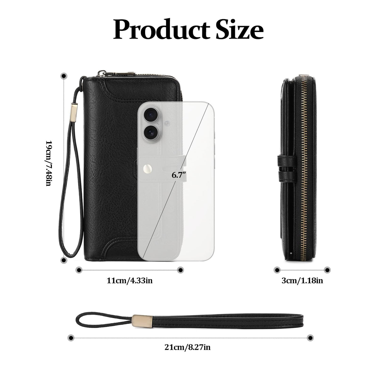 GOIACII Wristlet Wallets for Women Large Capacity RFID Blocking Ladies Phone Clutch Card Holder Black