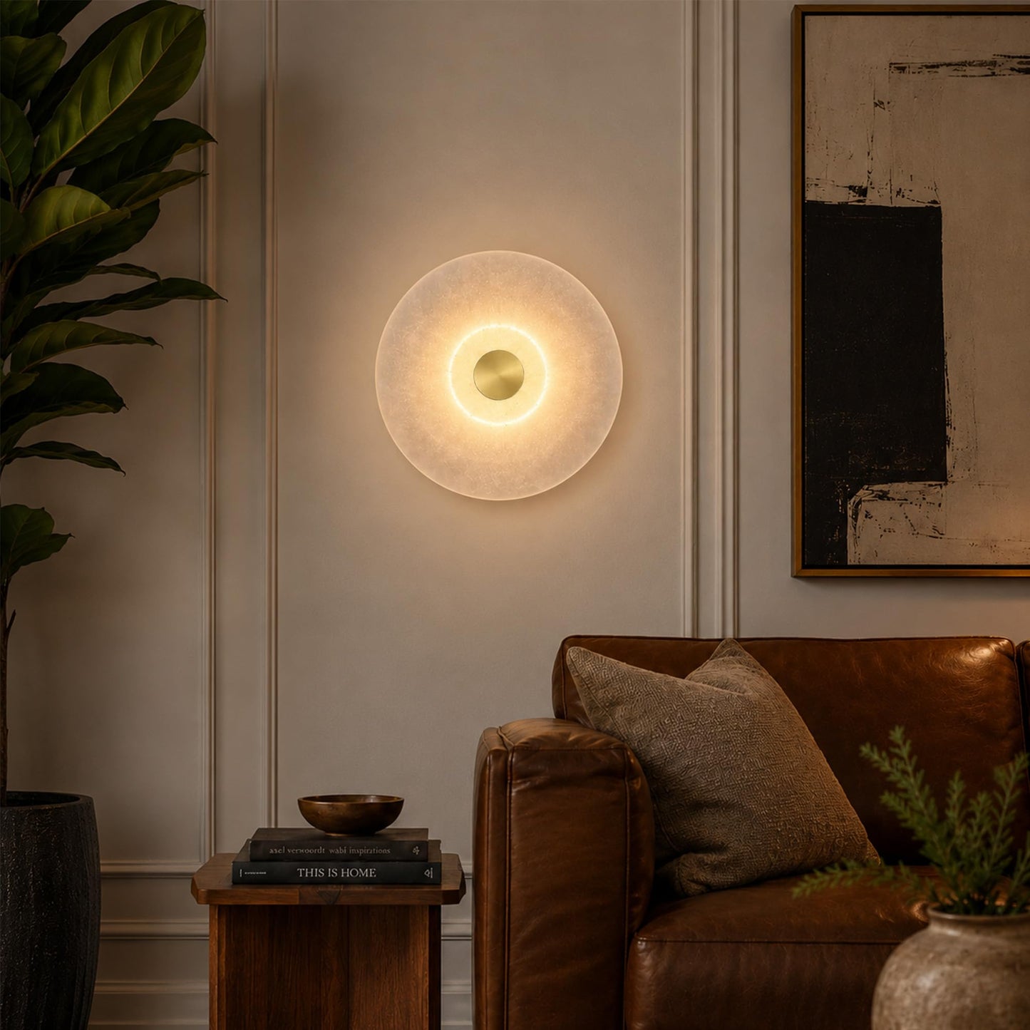 Natural Spanish Alabaster Wall Sconce, Modern Round Marble Wall Light with Unique Veins, Mid-Century Minimalist Stone Wall Lamp for Bedroom, Living Room, Hallway, Alabaster Light Fixture (Brass)
