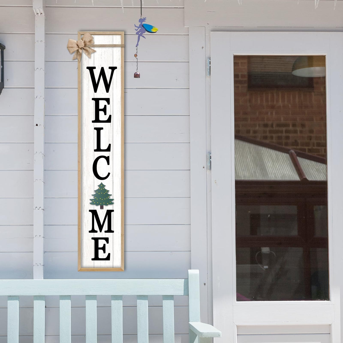 SRSZHIYUE Interchangeable Welcome Sign for Front Door Standing, 45"X9" with 12 Pcs Replaceable Icons Rustic Outdoor Tall Front Porch Farmhouse Outside Wreath Leaner Vertical Decor (Wood)
