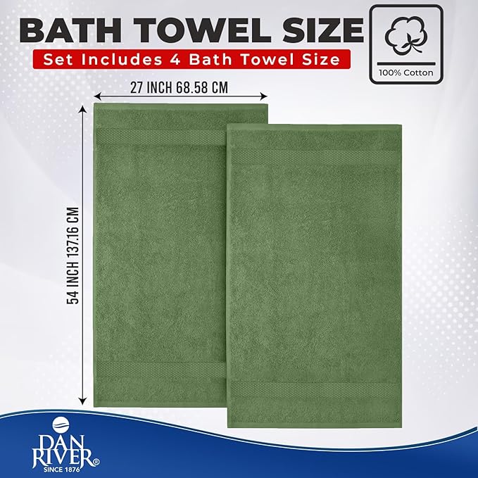 DAN RIVER Bath Towels Set of 4, 27 x 54 Inches, 100% Cotton, Larger & Lighter
