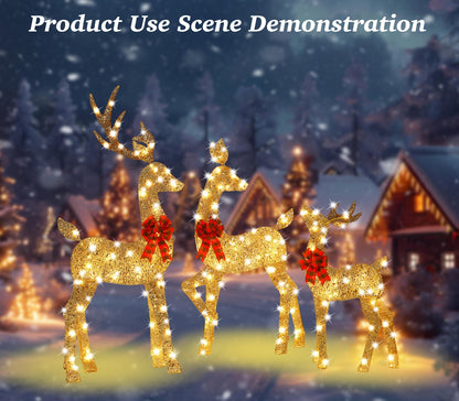 48 Inch 2.5D Gold Lighted Christmas Deer Decorations 3-Piece Outdoor Holiday Decorations Reindeer Set with 145 Warm White LEDs, Large Yard Display for Garden, Storefront