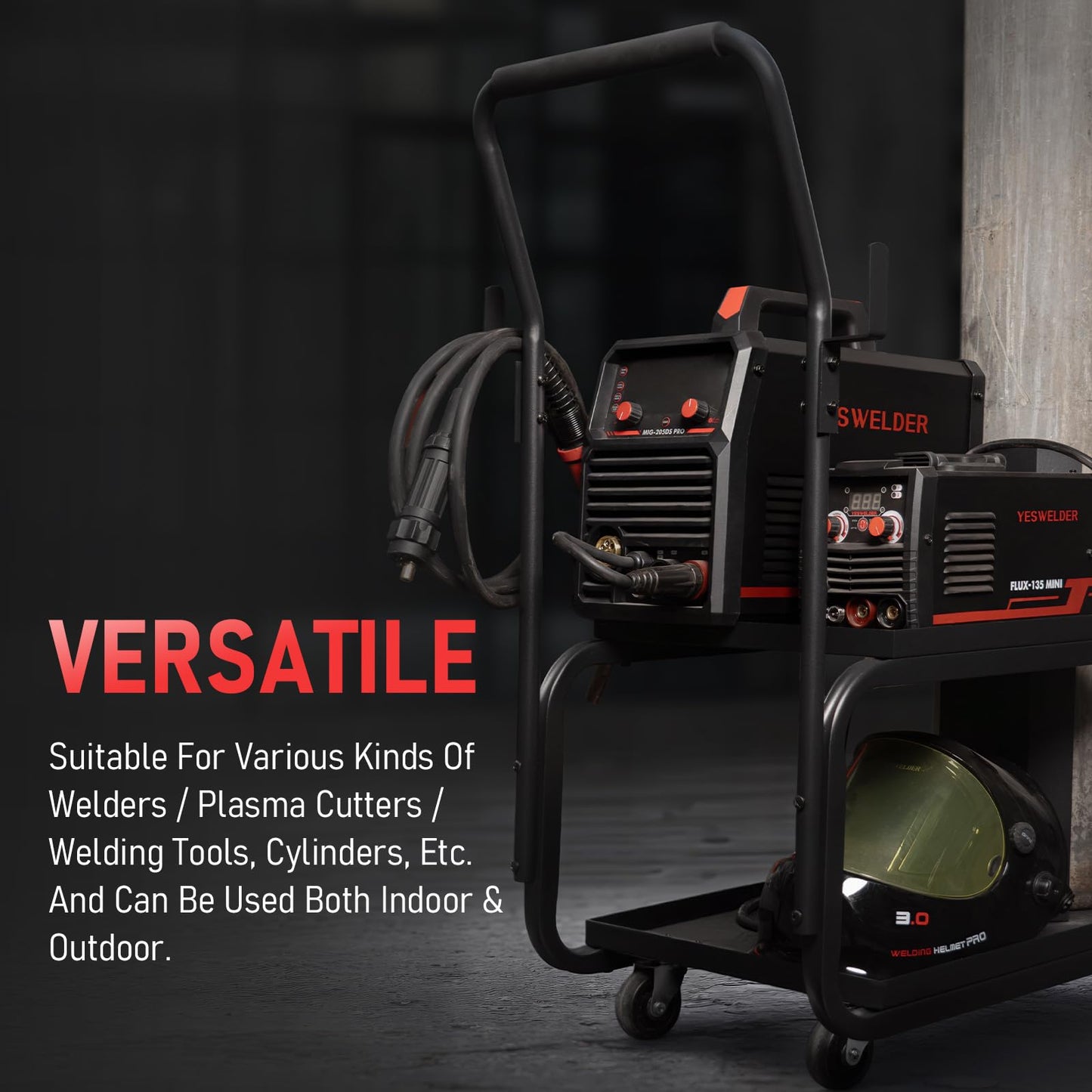 YESWELDER Low Profile Heavy Duty Welding Cart for MIG Welder TIG Welder and Plasma Cutter, Larger Running Gear with Cylinder Rack & Storage Safety Chains,360° Swivel Wheels Welding Trolley