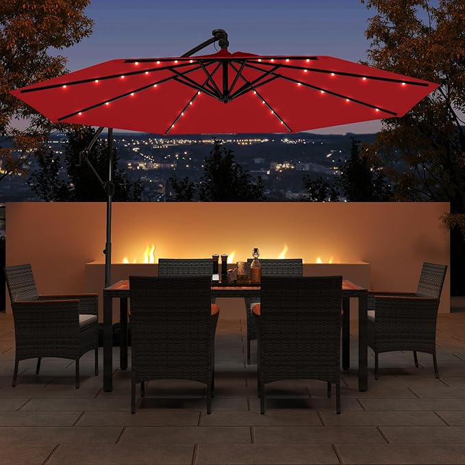Tangkula 10ft Solar LED Patio Umbrella with Base, Offset Cantilever Outdoor Umbrella with 32 LED Lights, Infinite Tilt, 360 Degree Rotation, Crank Handle for Pool Deck Garden Backyard (Wine)
