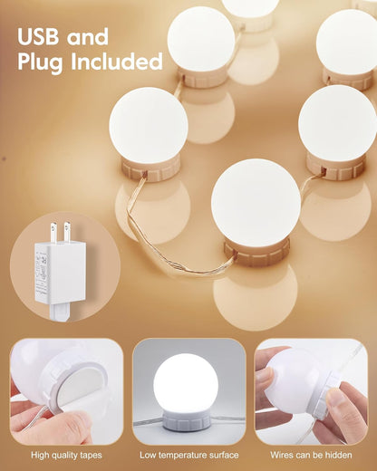 Hollywood Style Led Vanity Mirror Lights Kit - Vanity Lights Have 10 Dimmable Light Bulbs for Makeup Dressing Table and Power Supply Plug in Lighting Fixture Strip, White (No Mirror Included)