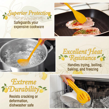Ferrochef 7 Pcs Lemon Kitchen Decor and Accessories Silicone Cooking Utensils Set with Crock Organizer Heat Resistant Tools Set Slotted Turner Pasta Spoon Soup Ladle Whisk Spatula Salad Server