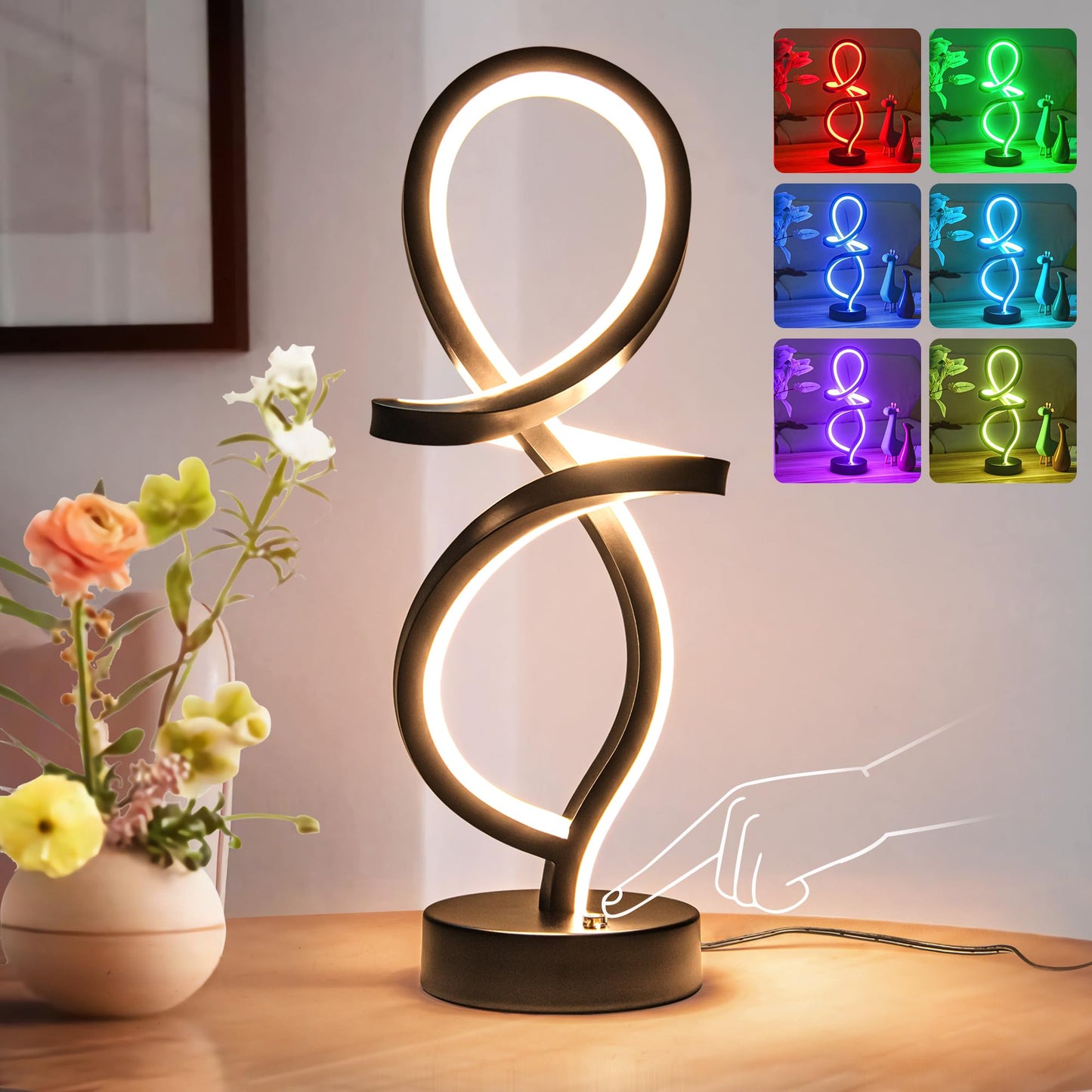 Mayful RGB Modern Table Lamp with 15W LED Spiral Spiral Design, Black Nightstand Lamp & Small Bedside Lamp, Touch Dimmable with 7 Colors & 10 Modes for Bedroom, Living Room, Office