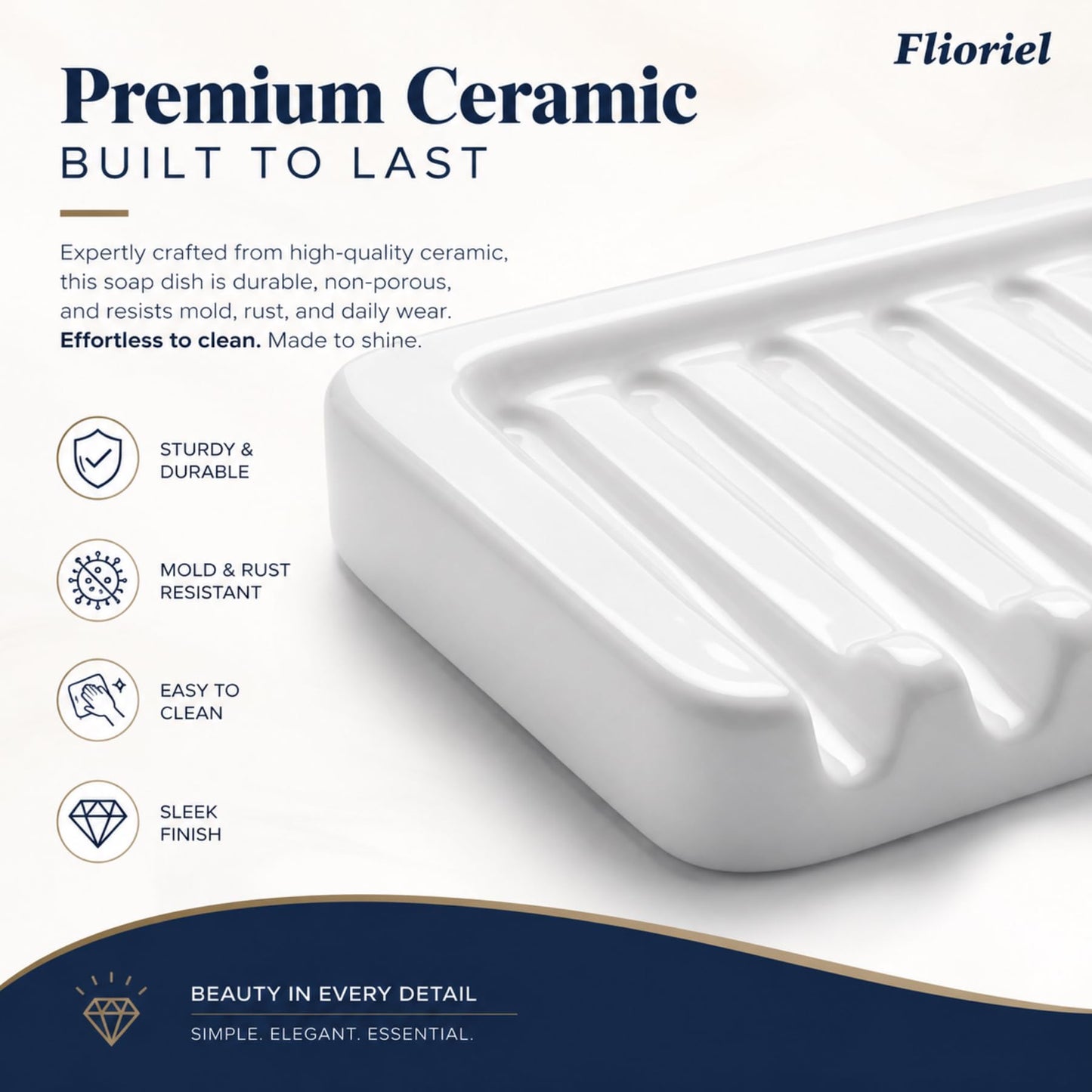 Flioriel White Ceramic Soap Dish, Self Draining Soap Holder for Shower & Bathroom Sink, Porcelain Soap Tray with Anti-Slip Silicone Pads, Easy to Clean & Keep Soap Dry, Modern Minimalist (White)