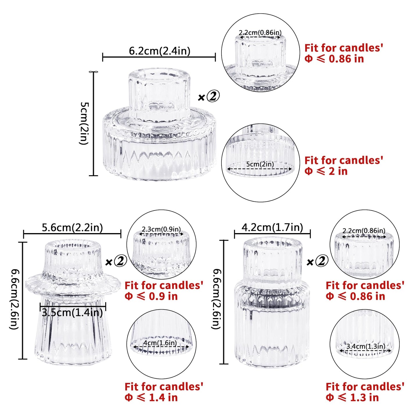 Toptime Candlestick Holders Set of 6, Ribbed Glass Taper Candle Holders, Reversible Clear Tealight & Candle Stick Candle Holder Vintage Crystal Tealight Candle Holder for Wedding Dinner Party