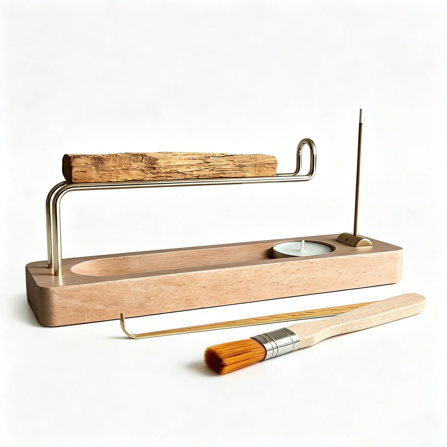 4 in 1 Incense Holder Suit with Wooden Base and Brass Holder, for Burning Palo Santo, Sage Sticks, Holy Wood, Multi-Functional with Ash Catcher and Tealight Candle Holder