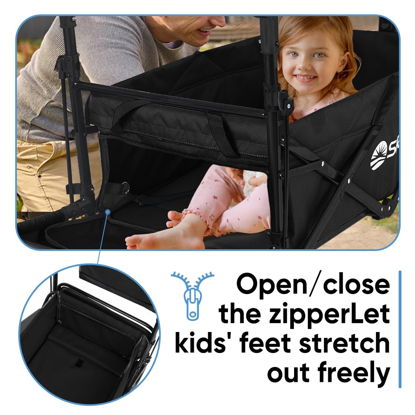 Sekey Kids Folding Handcart Wagon with Removable Canopy, Versatile Foldable Transport Trolley for Family Outings Including Shockproof PU Wheels, 220LBS(100KG) Weight Capacity, Push Handle, Black