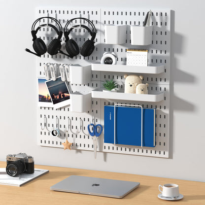 VEOFEMLEA Peg Board Combination Kit, 4 Pegboards with 20 Accessories, Pegboard Wall Organizer for Office, Nursery & Home Storage, Key Holder, 25.6"x25.6" – Nail-Free Installation（White）