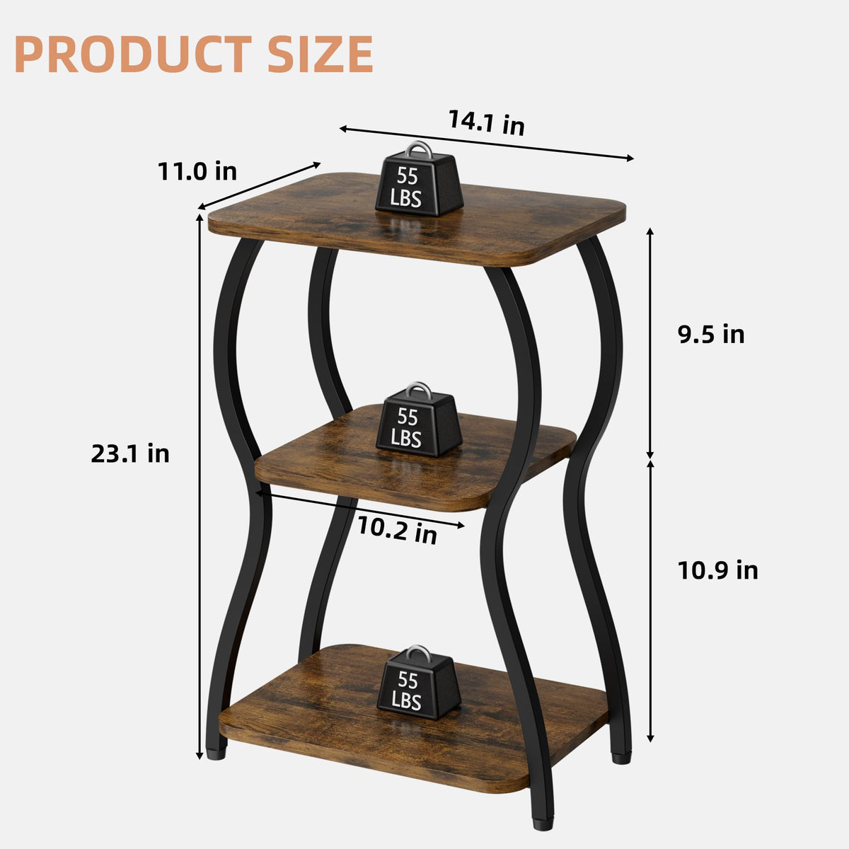 JUSTOGO Side Table, Small End Table for Small Spaces, 3-Tier Tall Nightstand Sofa Corner Accent Table Coffee Table with Storage Shelf for Living Room, Bedroom, Patio, Home Decor, Rustic Brown
