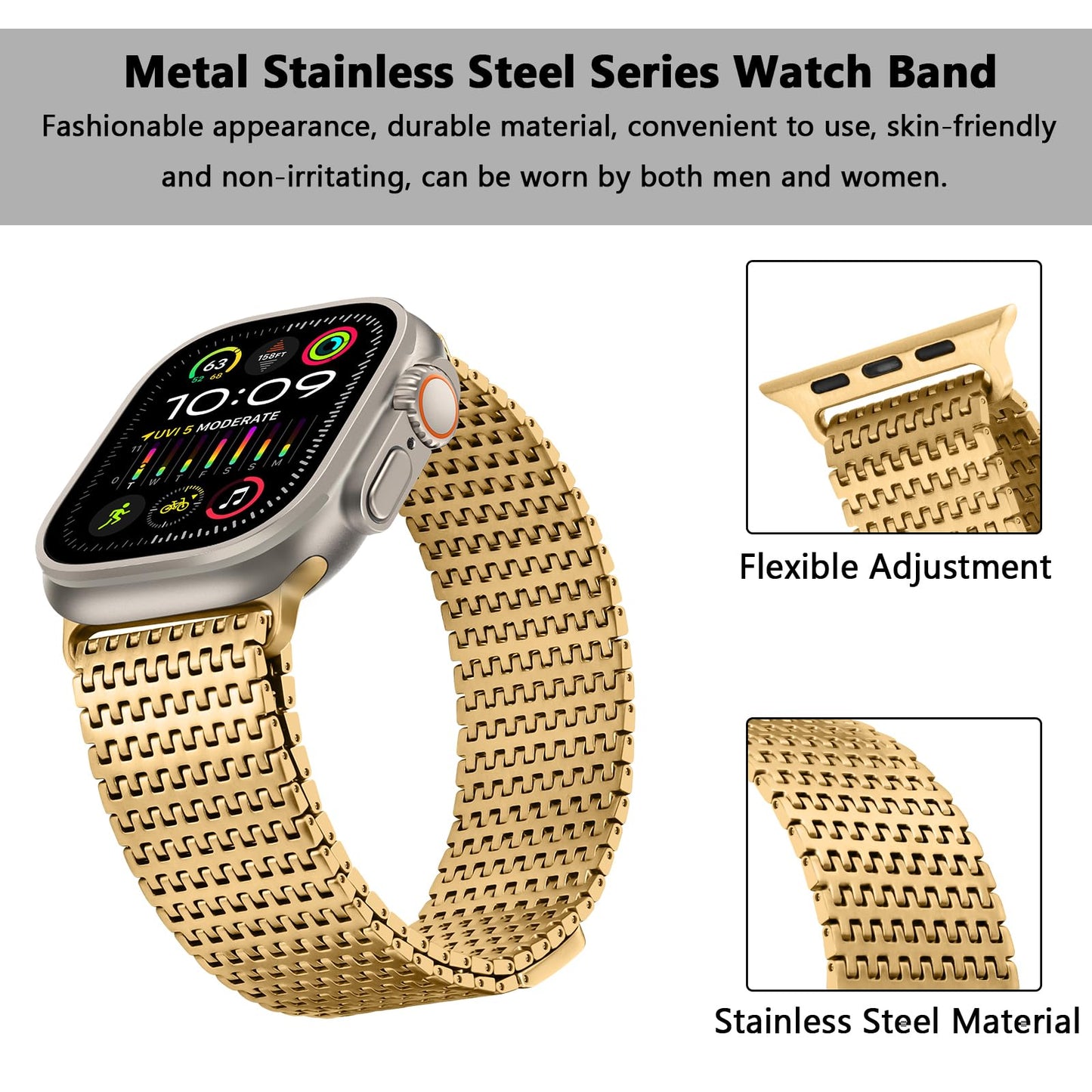 Anlinser Compatible with Apple Watch Strap 49mm 46mm 45mm 44mm 42mm, Magnetic Straps Stainless Steel Metal Band Designed for Apple Watch Ultra 2/Ultra Series 10 9 8 7 6-1 SE(49mm/Ultra, Gold)