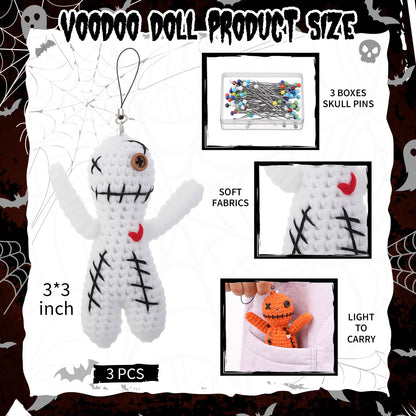 Poen 3 Pcs Voodoo Dolls Horror Doll with 30 Skull Pins, Christmas Stuffing Decoration Funny Inspirational Positive Ornaments Gifts for Friend Coworkers New Year Halloween Party Supplies (Crochet)
