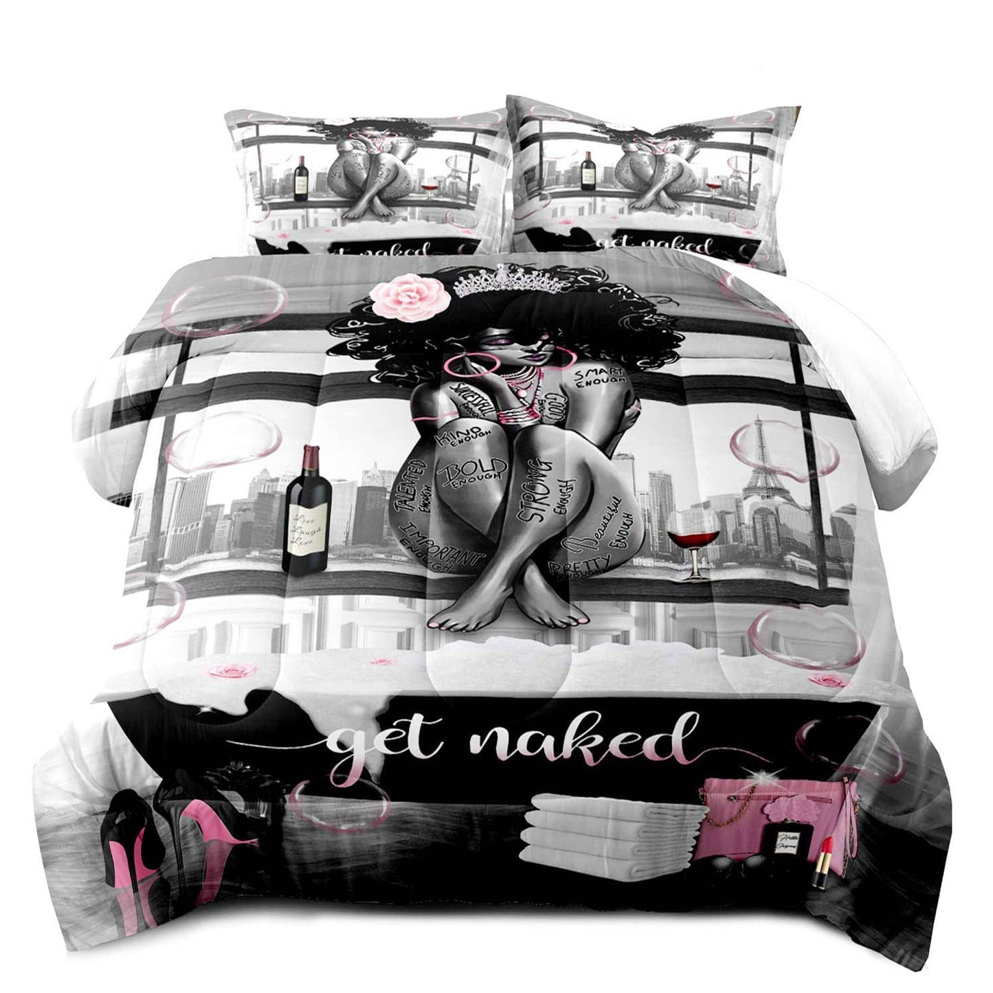 LUVIVIHOME 3PCS African American Black Girl Comforter Set, King Size Comforter Set, Bag High Heels Inspirational Quotes Black and White Bedding Quilt, Pink Bedroom Decor for Women, 2 Pillow Shams