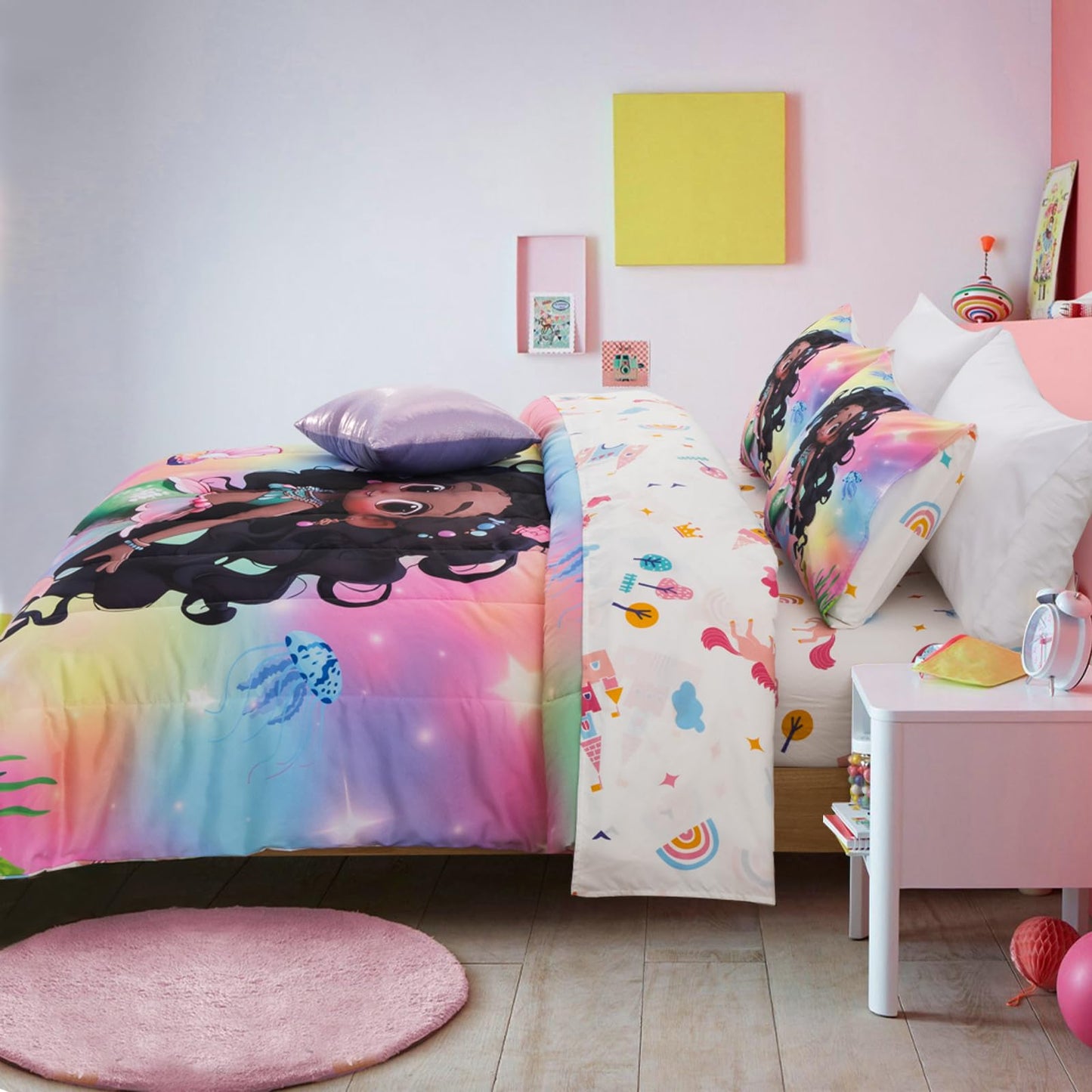A Nice Night 6pcs Comforter Set,Black Girl Princess Mermaid with Green Tail Printed,Pink Gradient Glitter Rainbow Background Kids Bedding Set,Twin