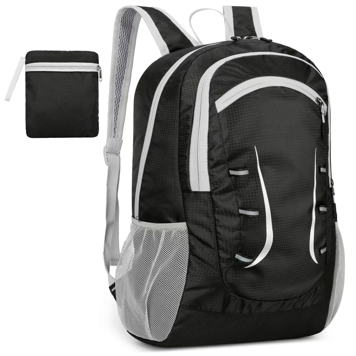 Alitifiy Lightweight Foldable Backpacks, 30L Packable Waterproof Small Hiking Bags & Packs Knapsack Daypack Handy for Men Women Ladies Kids Travel Camping Outdoor Rucksack Bag Pack (Black Grey)