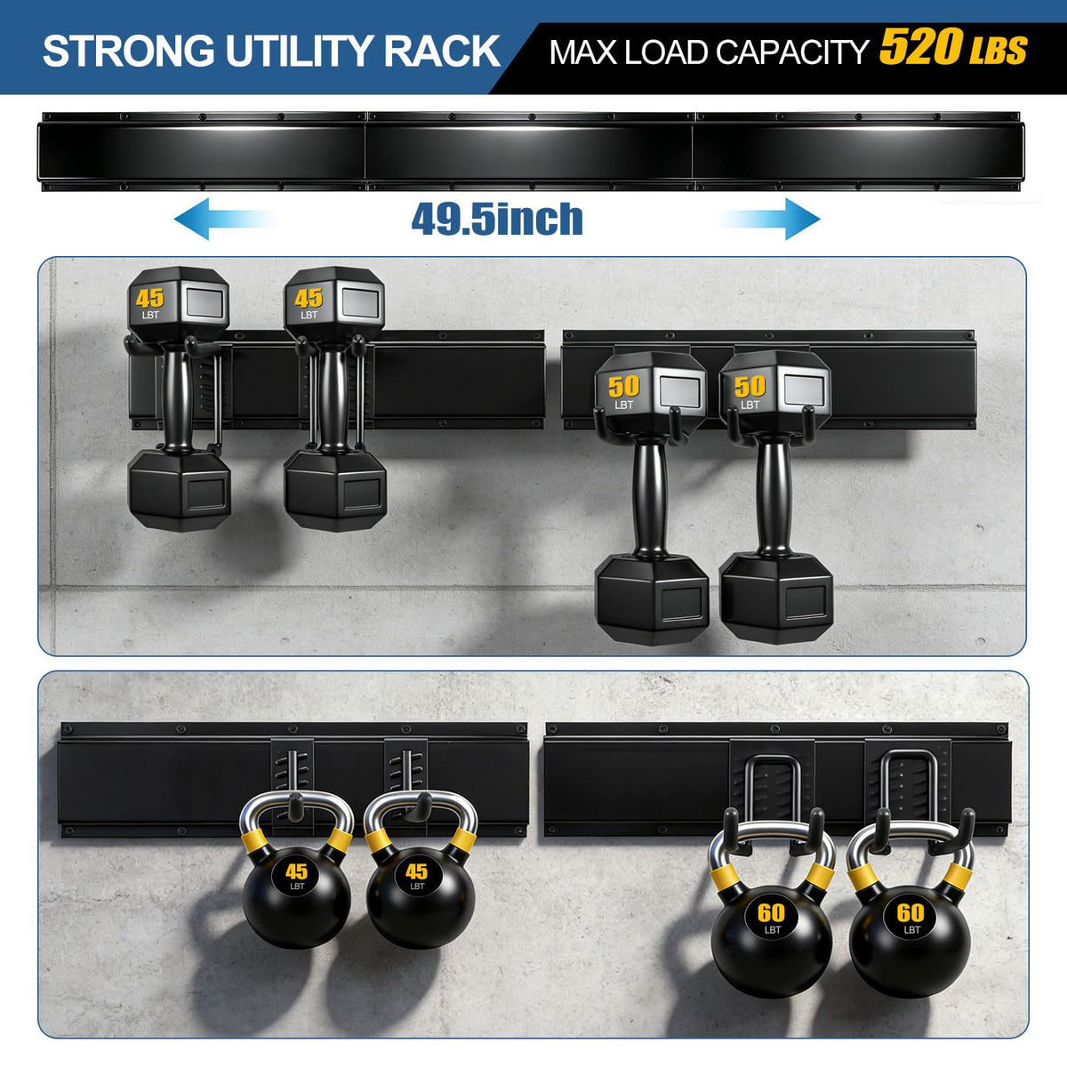 14Pack Garage Tool Organizer Wall Mount, 49.5'' Garage Wall Organizer with 11 Adjustable Hooks, 520lbs Heavy Duty Garage Storage, Garage Hanging Rack for Garden Yard Tools,Ladder,Shovel,Weed Eater