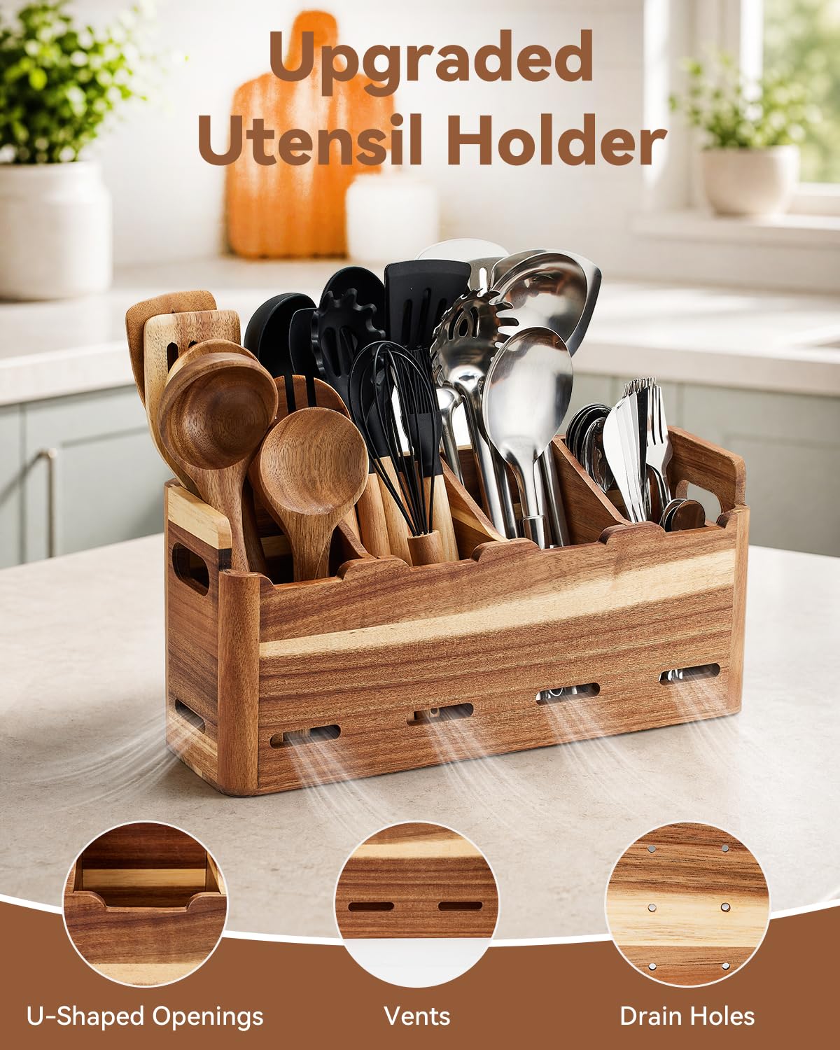 YEZHEXI Acacia Wood Utensil Holder for Kitchen Counter, 4-Compartment Large Kitchen Utensil Organizer, Wood Utensils Organizer for Cooking Tools and Silverware, Farmhouse Kitchen Decor