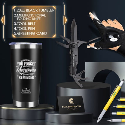 Gifts for Men - 6-in-1 Gift Set with Stainless Steel Tumbler,Multi-Tool Knife,LED Gloves & Tool Pen Keepsake Box | Last Minute Birthday, Father's Day Anniversary Box Gifts for Dad,Husband