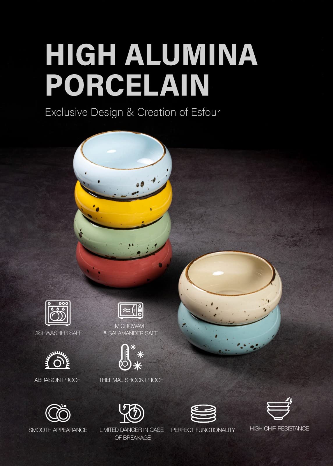 Esfour Ceramics Small Hand Craft Dessert Bowls - 13.5oz, Set of 6 - Microwave, Oven, Dishwasher Safe, Ice Cream, Soup, Snacks, Rice, Cereal, Chili, Side Dishes, Dips, Ideal Gift - Vivid Assorted Color