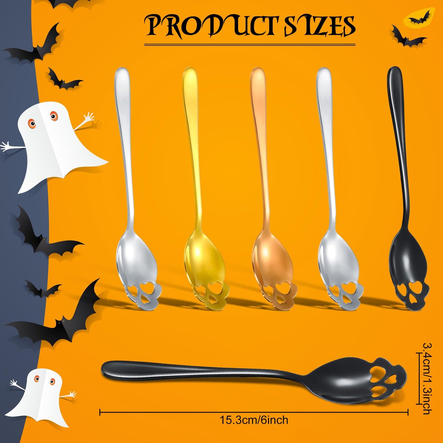 Skull Spoons Stainless Steel Coffee and Espresso Spoons for Tea, Milk, Sugar Stirring, Dessert, Cake (Mixed Color,5 Pieces)