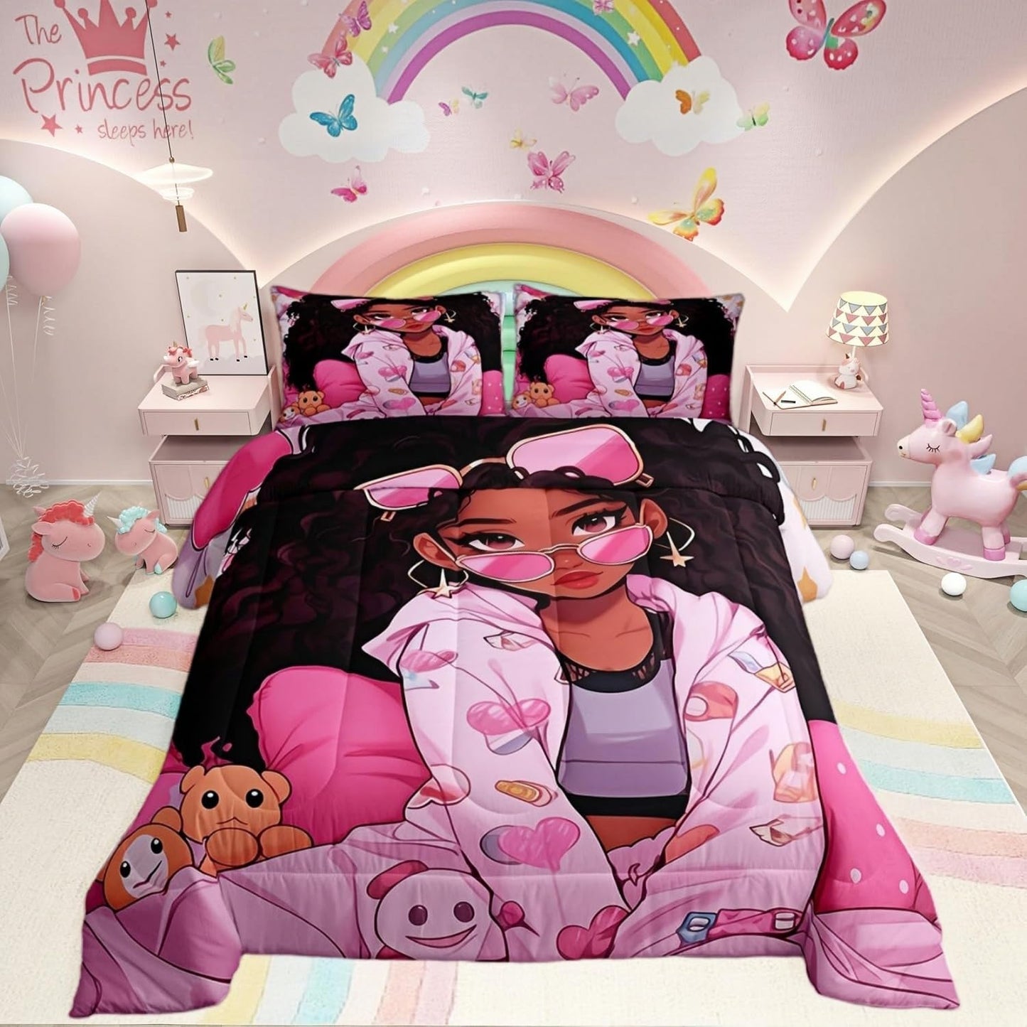 Black Little Girl Kids Comforter Set Full Size,Cartoon Bears Love Heart Dots Bedding Set,Girls Women Room Decor,Afro American Style Girls Down Comforter,Pink Princess Duvet Insert,2 Pillowcases