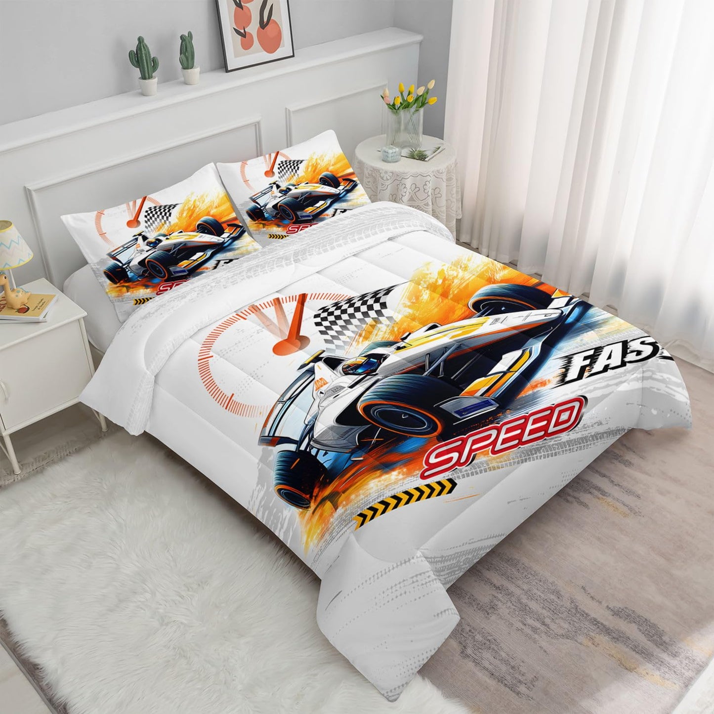 Smell Sunshine Racing Car Comforter Set Extreme Sports Printed Bedding Set with 1 Comforter and 2 Pillowcases for Boys and Girls Bedroom All Season(Car Twin)
